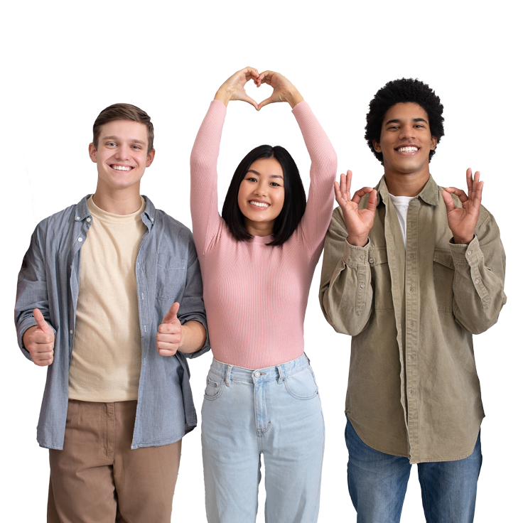 group of happy people making hearts with hands