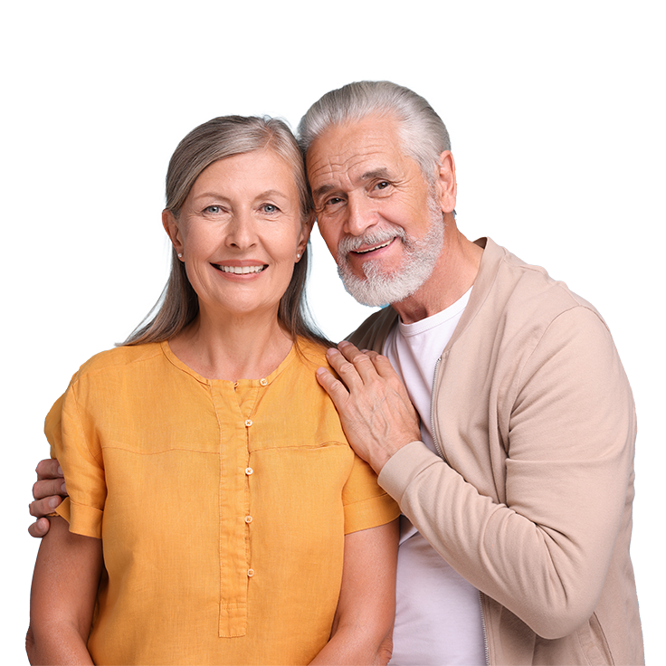 Woman wearing yellow shirt and man wearing beige embracing